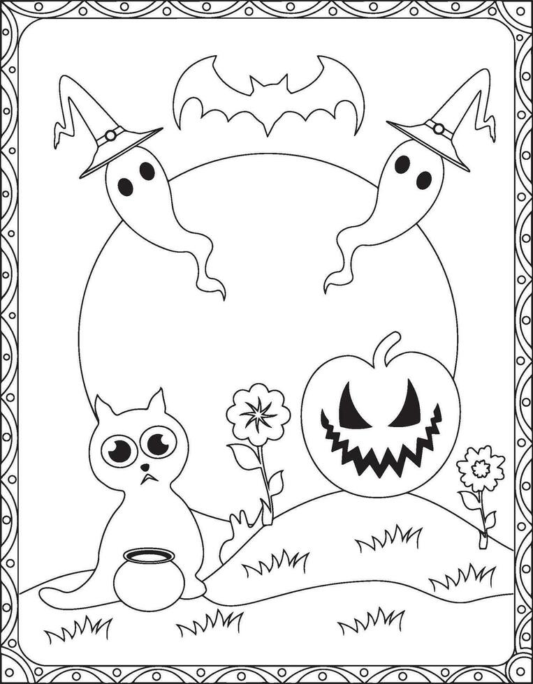 Halloween Coloring Pages,Halloween Cat Coloring pages for kids, Halloween illustration, Halloween Vector, Black and white, Cat illustration vector