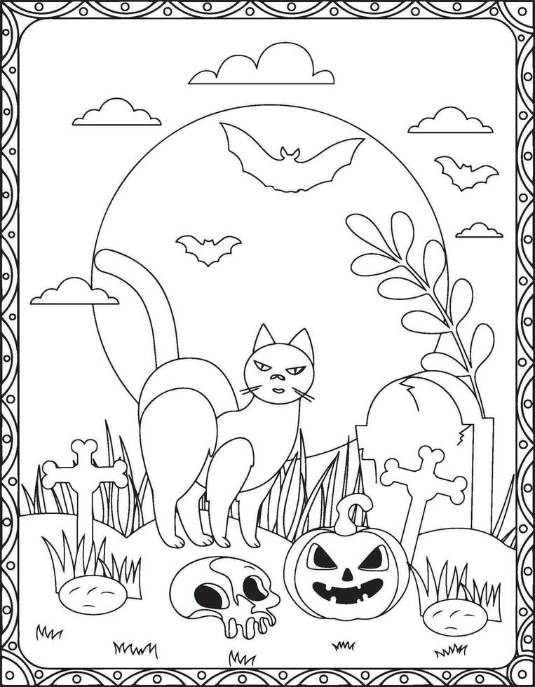 Halloween Coloring Pages,Halloween Cat Coloring pages for kids, Halloween illustration, Halloween Vector, Black and white, Cat illustration vector