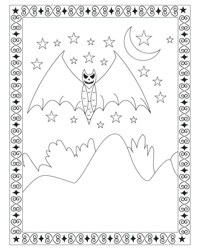 Halloween Coloring Pages for kids, Halloween Bat Coloring pages for kids, Halloween illustration, Halloween Vector, Black and white, Bat Vector