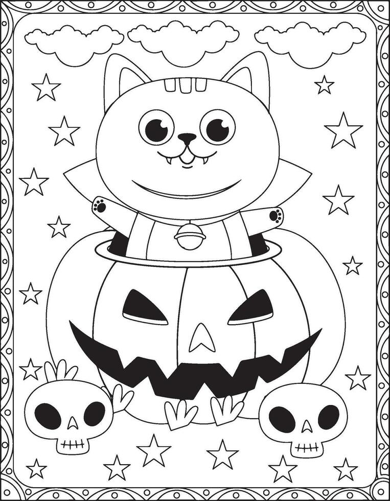 Halloween Coloring Pages,Halloween Cat Coloring pages for kids, Halloween illustration, Halloween Vector, Black and white, Cat illustration vector