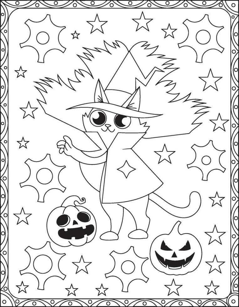 Halloween Coloring Pages,Halloween Cat Coloring pages for kids, Halloween illustration, Halloween Vector, Black and white, Cat illustration vector