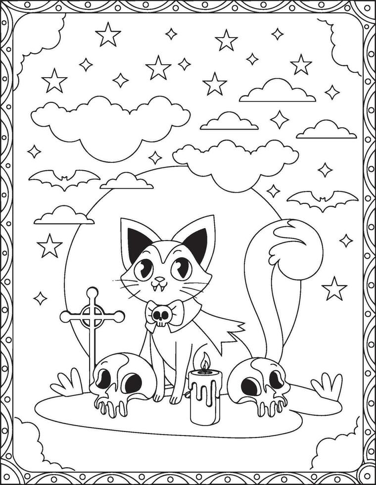 Halloween Coloring Pages,Halloween Cat Coloring pages for kids, Halloween illustration, Halloween Vector, Black and white, Cat illustration vector