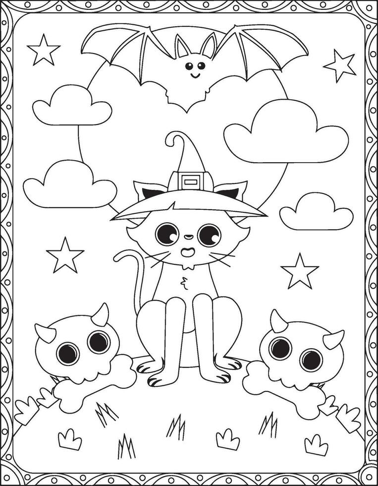 Halloween Coloring Pages,Halloween Cat Coloring pages for kids, Halloween illustration, Halloween Vector, Black and white, Cat illustration vector