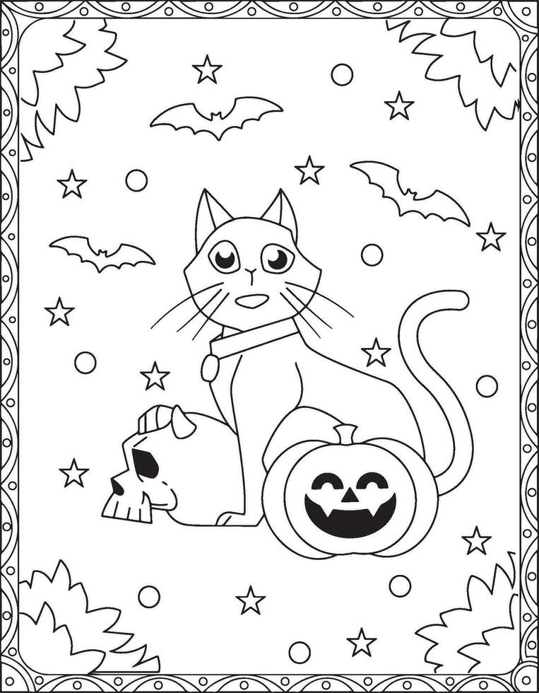 Halloween Coloring Pages,Halloween Cat Coloring pages for kids, Halloween illustration, Halloween Vector, Black and white, Cat illustration vector
