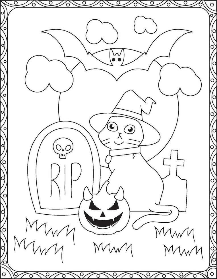 Halloween Coloring Pages,Halloween Cat Coloring pages for kids, Halloween illustration, Halloween Vector, Black and white, Cat illustration vector