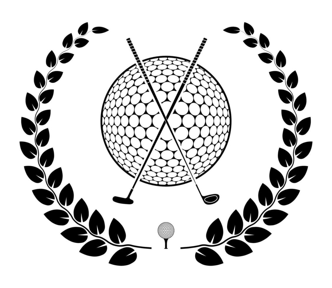 emblem of crossed sports golf clubs and ball with laurel wreath for competition. Sports equipment symbol. Active lifestyle. Vector