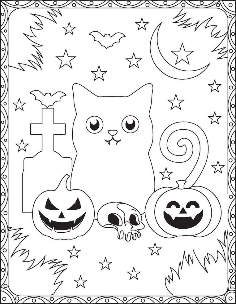 Víspera de Todos los Santos colorante páginas, halloween gato colorante paginas para niños, Víspera de Todos los Santos ilustración, Víspera de Todos los Santos vector, negro y blanco, gato ilustración vector