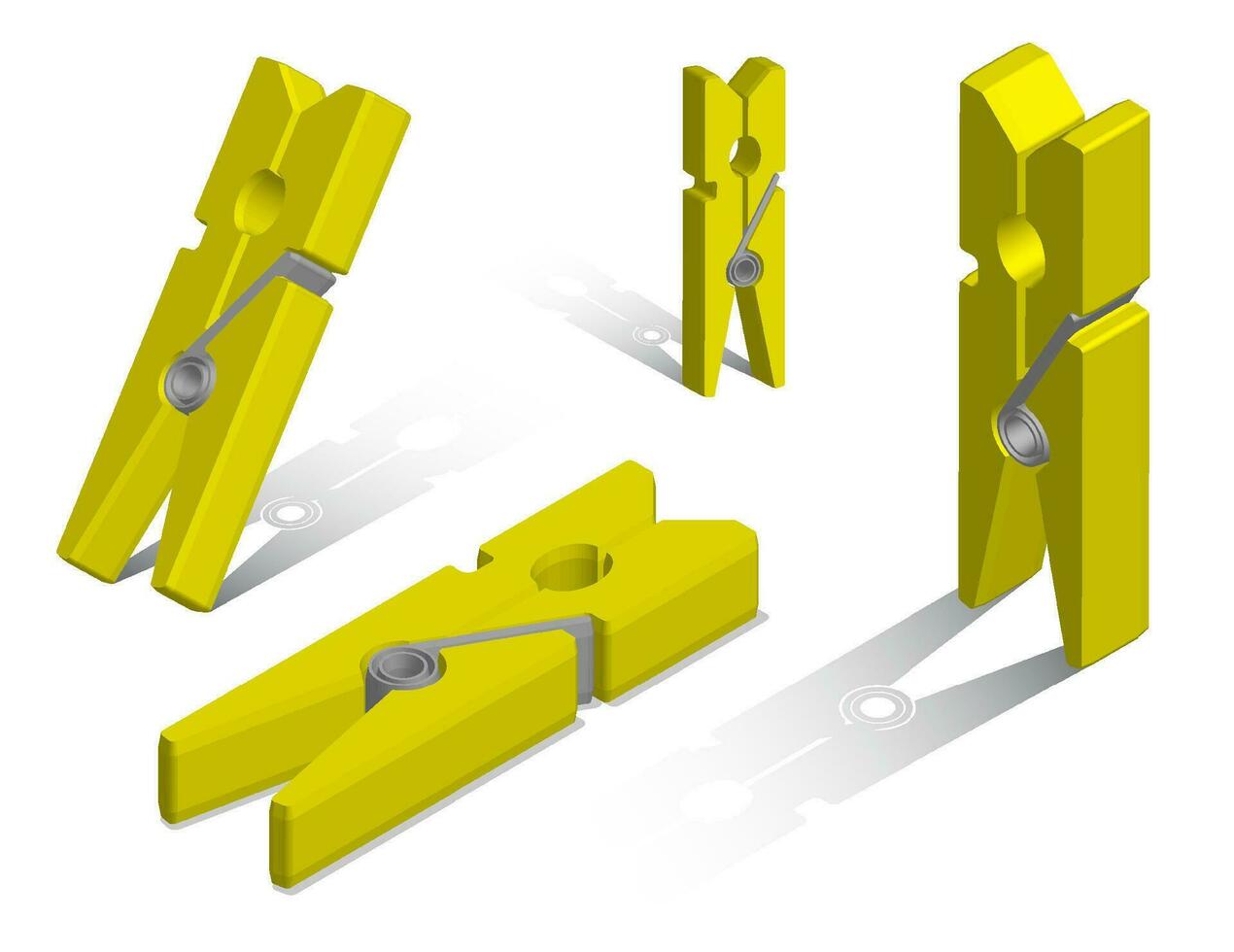 conjunto de realista amarillo pinzas para la ropa en diferente posiciones. cuidado y Lavado de ropa. 3d vector en blanco antecedentes