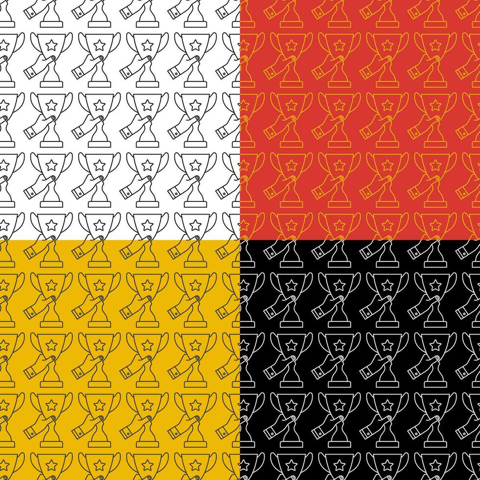 set of seamless patterns with hand holds prize, sports cup for participation in sports competitions. Award to winner of tournament. Vector icon