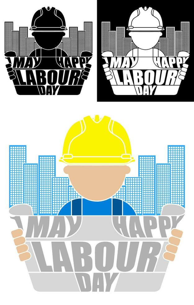construction worker, architect examines building plan diagram in protective helmet with with an inscription Labor Day May 1st. Black and white vector