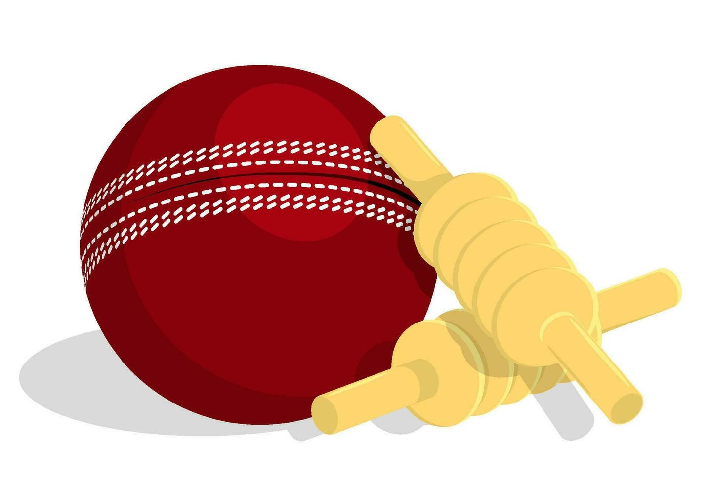 top bars of wooden cricket wicket lie on top on red sports ball. Isolated vector in cartoon style