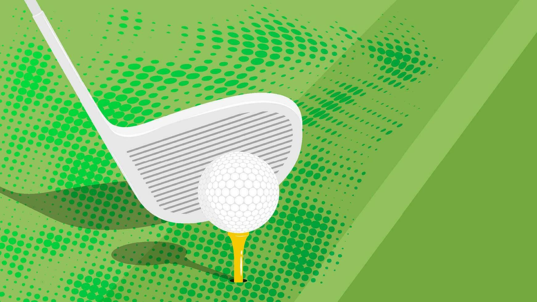 golf club behind the ball on tee. Golfer takes aim for precise and shot. Sport competition. Vector on green back