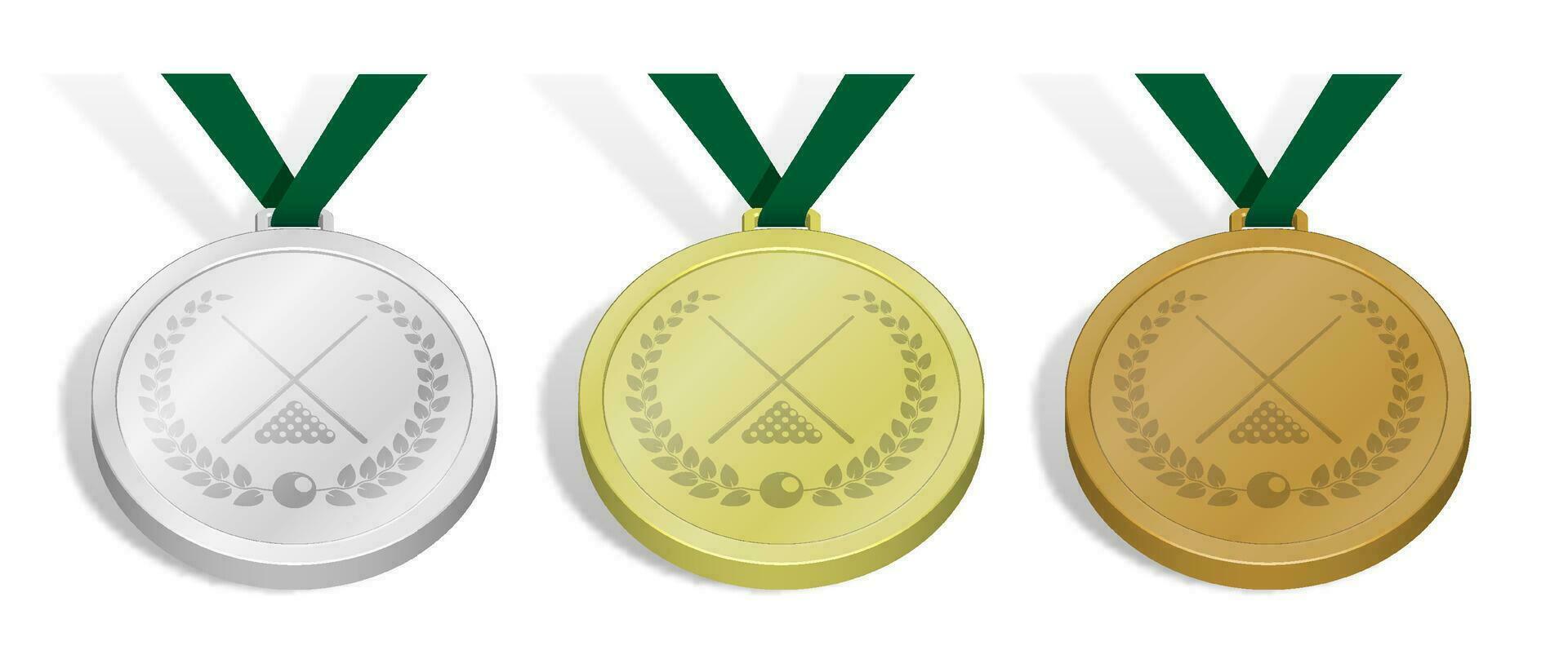 set of sport medals with emblem of billiard cues and pool ball set with laurel wreath for competition. Gold, silver and bronze award with green ribbon. 3d vector