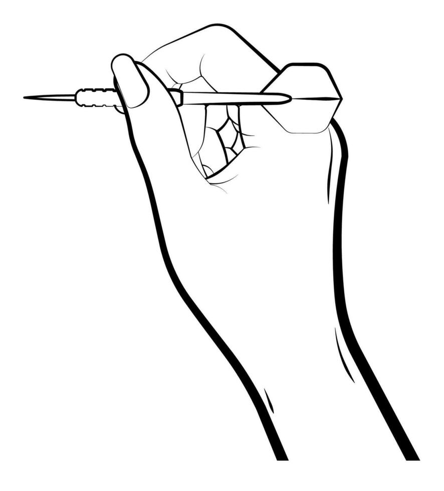 female hand gently takes small arrow for sport darts game with his fingers and aims for accurate target throwing. Vector on white background