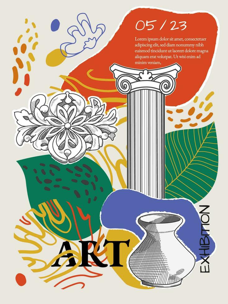 Art posters for the exhibition,  magazine or cover, vector template with sculpture art, Antique statues, geometric background, modern ancient Greek or Roman style. Neo Nostalgia banner.