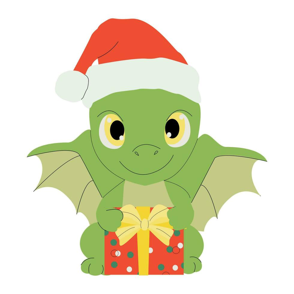 A cute little dragon is holding a gift. Vector symbol of the new year 2024. Object isolated on white background.