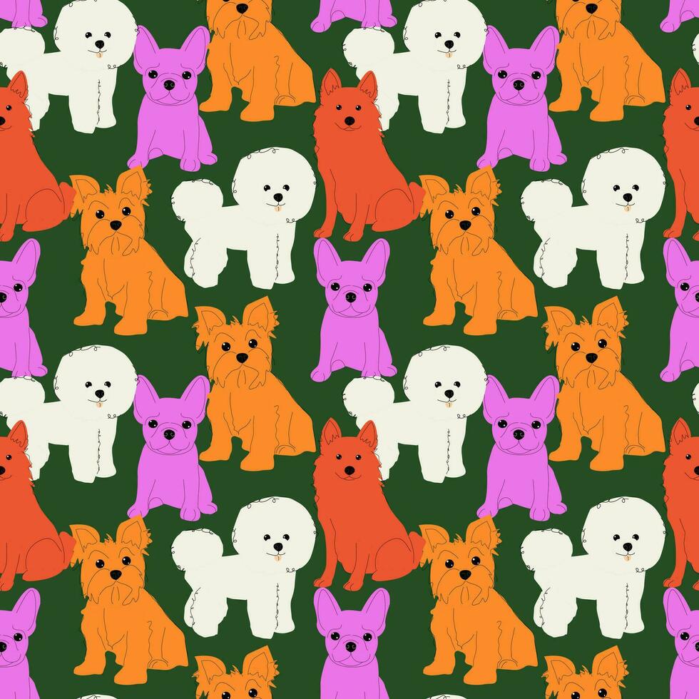 Dogs of different breeds and colors on a green background. Seamless vector bright pattern.Abstract ornament with pets.