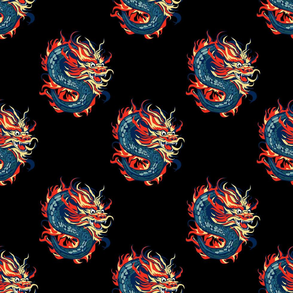 Bright Chinese dragon on a black background seamless pattern. Vector endless ornament for fabric,wrapping paper, cards and other materials.