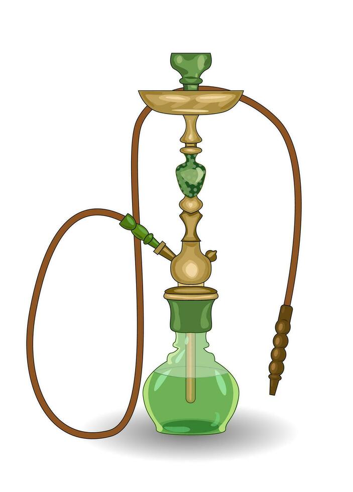 The Hookah is gold with a green glass dome. Stylish detailed hookah, vector illustration on a white background. Tobacco smoking, smoke inhalation, design for bar or menu decoration