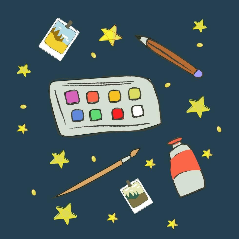 Hobby and drawing items, Vector illustration for printing and Textiles, Children s bright and cheerful, School time, creative time