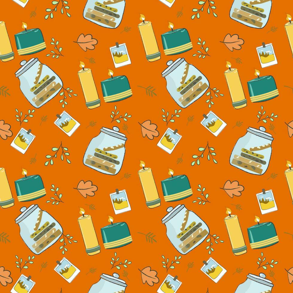 Autumn cozy home elements seamless pattern, endless texture. candle and cookies in pot. Flat hand drawn vector illustration. Copy paste