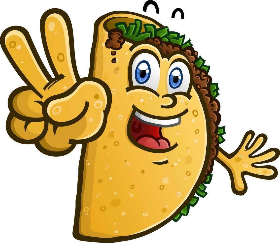 taco dibujos animados personaje brillante un paz firmar mano gesto vector