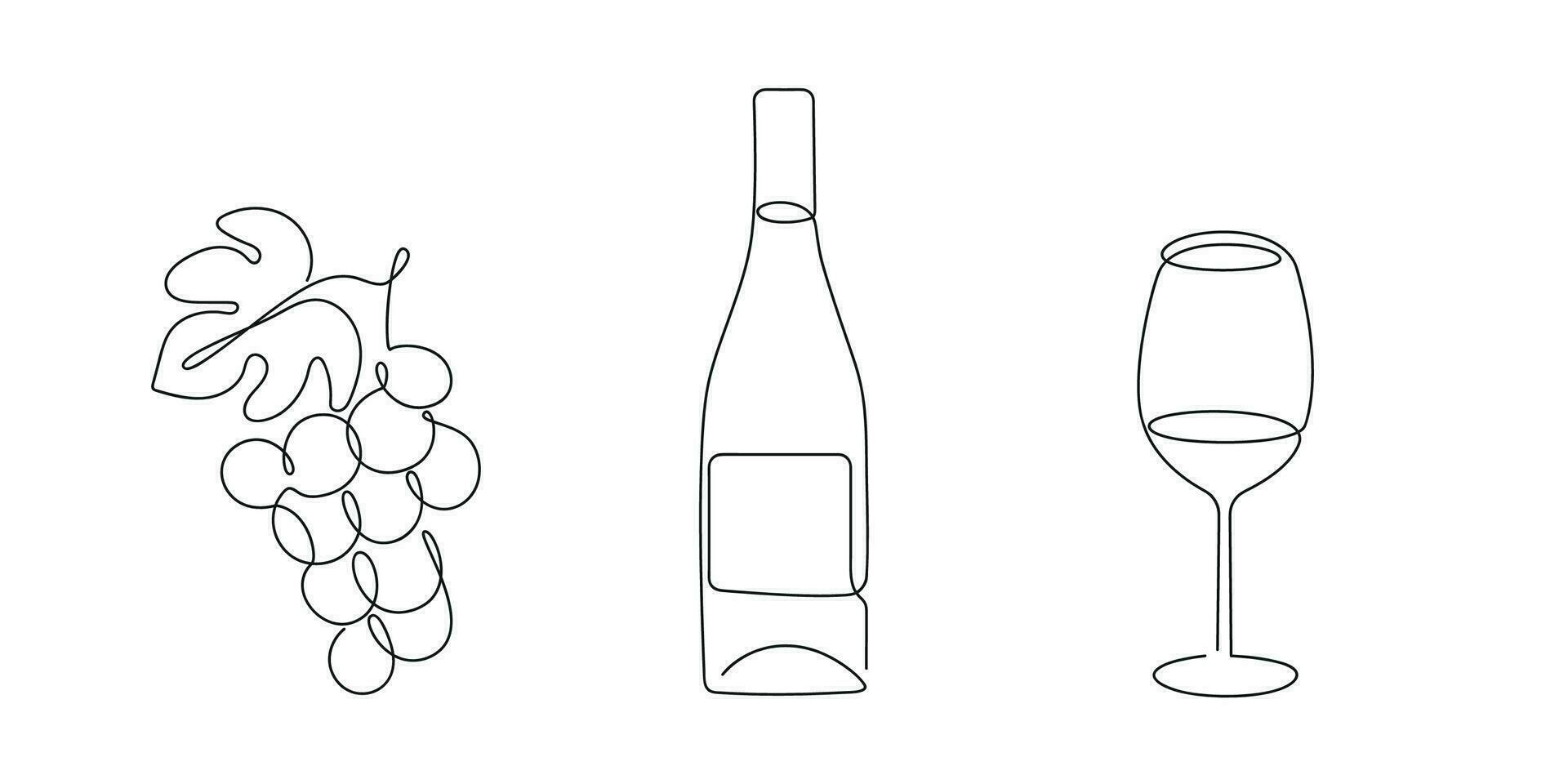 vino conjunto uva, botella, vino vaso dibujado en uno continuo línea. uno línea dibujo, minimalismo vector ilustración.