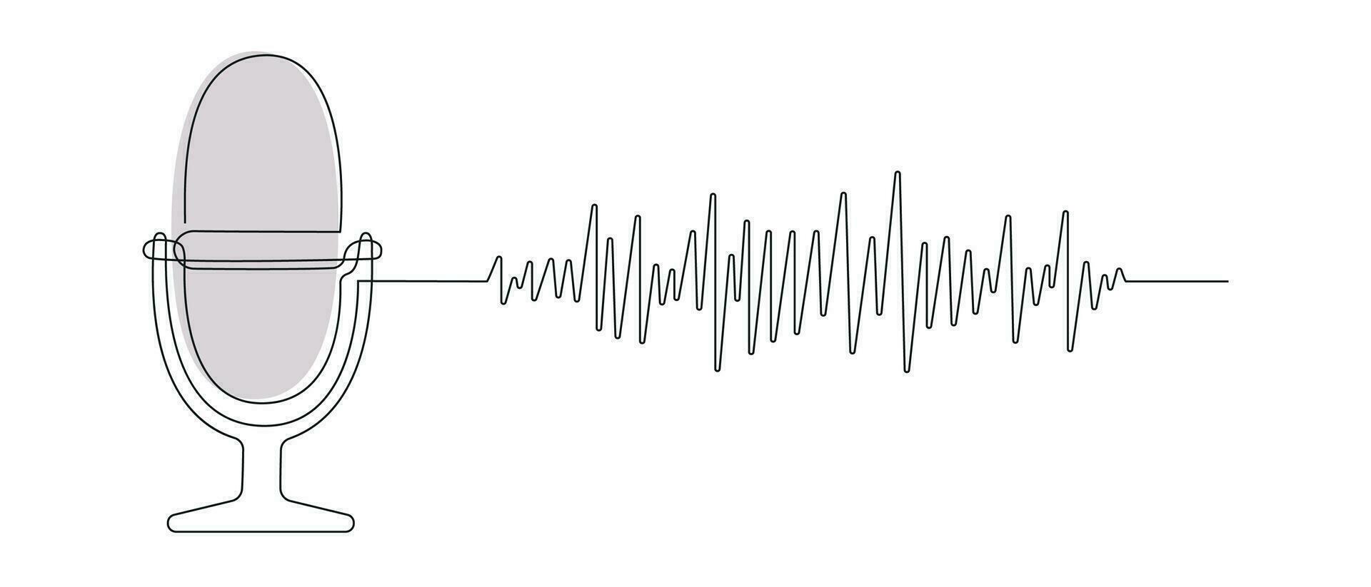 Podcast microphone with audio track drawn in one continuous line in color. One line drawing, minimalism. Vector illustration.