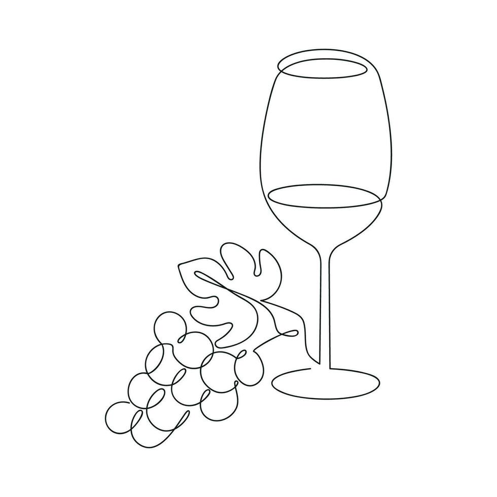 Wine glass with grape drawn in one continuous line. One line drawing, minimalism. Vector illustration.