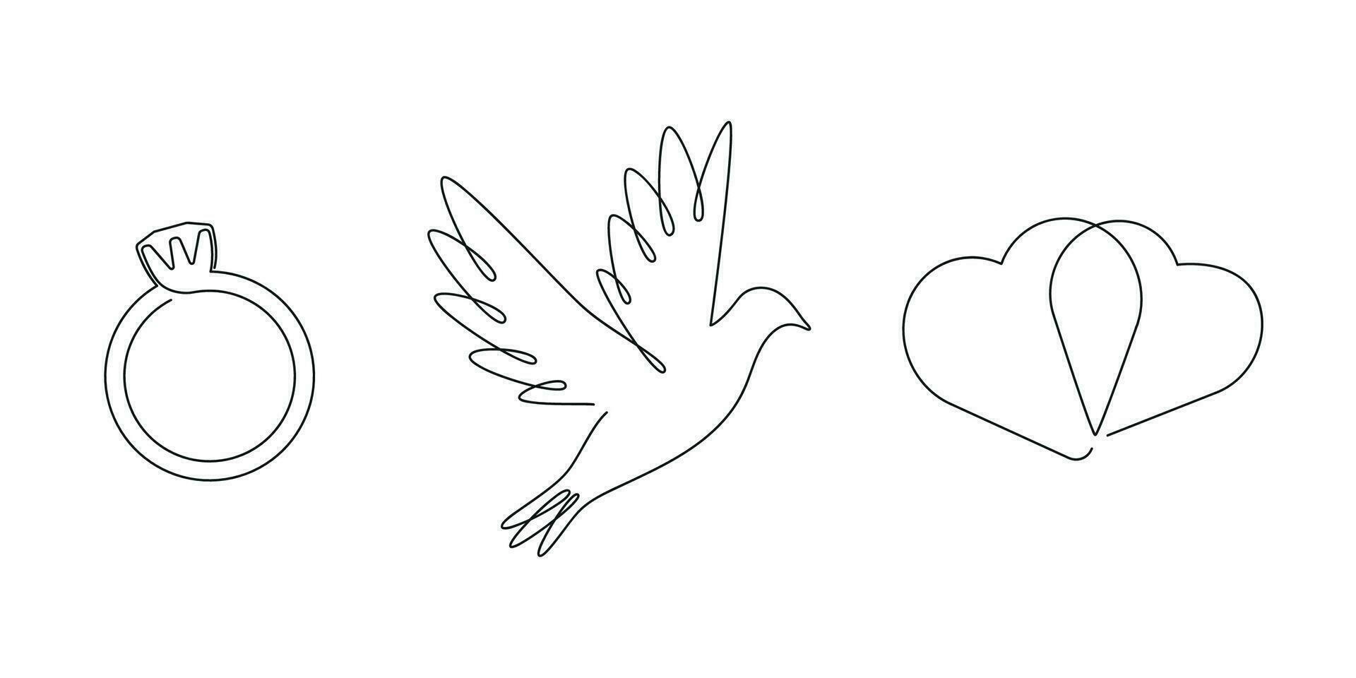 Wedding set pigeon, hearts, ring drawn in one continuous line. One line drawing, minimalism. Vector illustration.