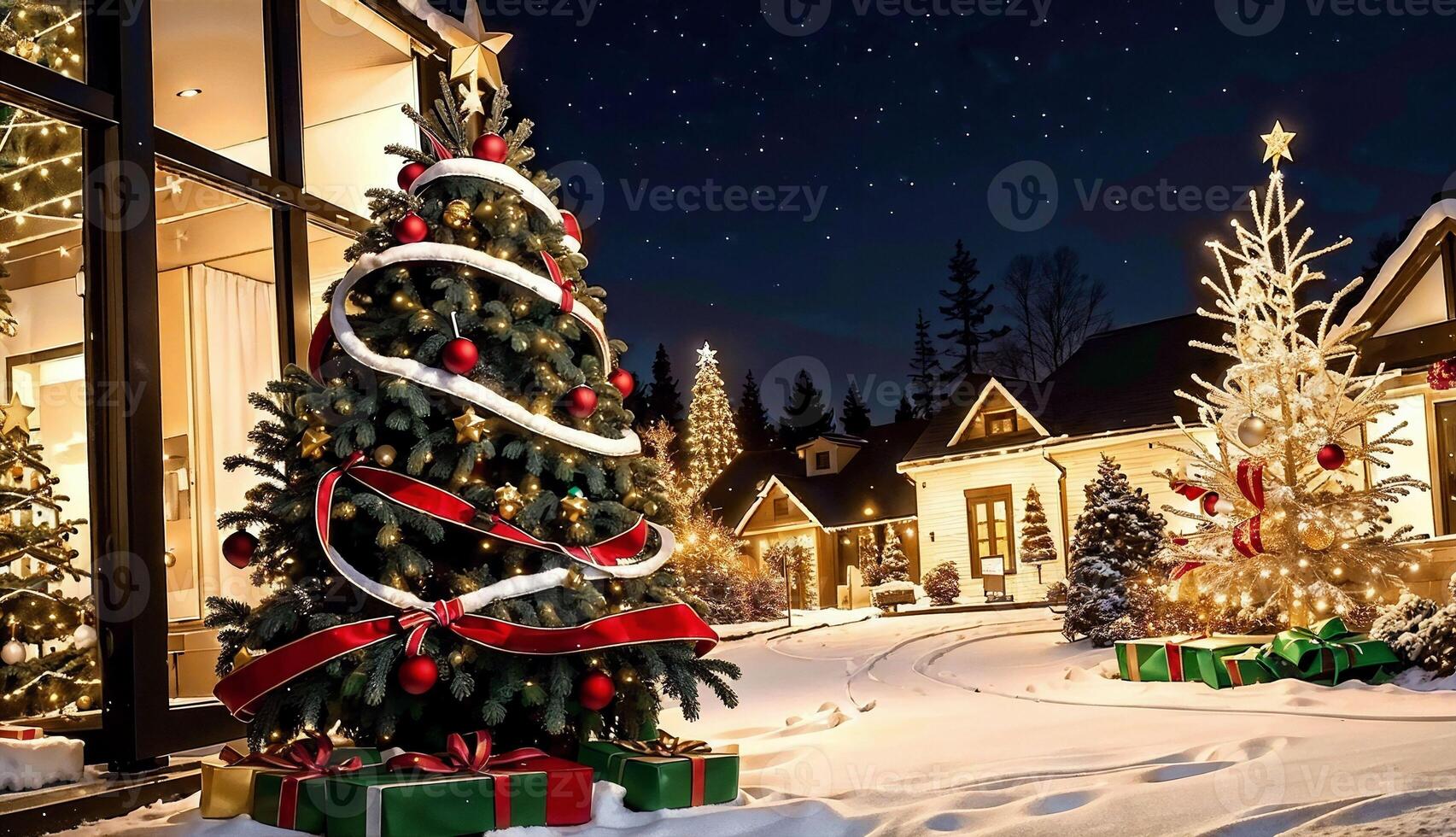 al aire libre Navidad decoraciones y un hermosamente decorado Navidad árbol ai generado foto