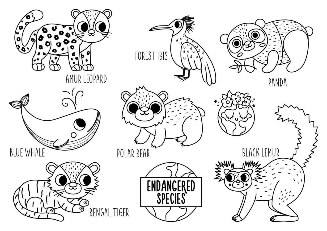 Vector black and white endangered species set. Cute line extinct animals collection. Funny illustration for kids with amur leopard, blue whale, black lemur. Nature protection coloring page
