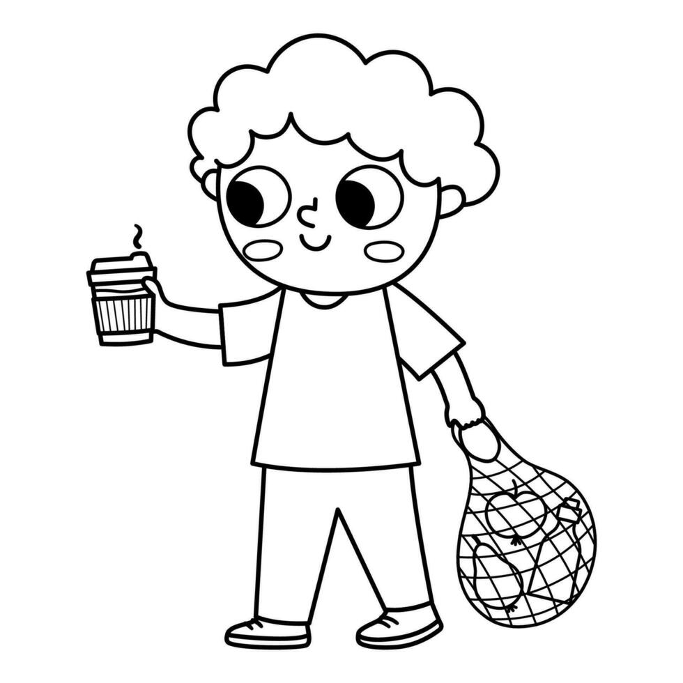 Black and white boy with reusable cup and net shopper icon. Cute line eco friendly kid. Children ecological awareness illustration. Earth day or zero waste concept or coloring page vector