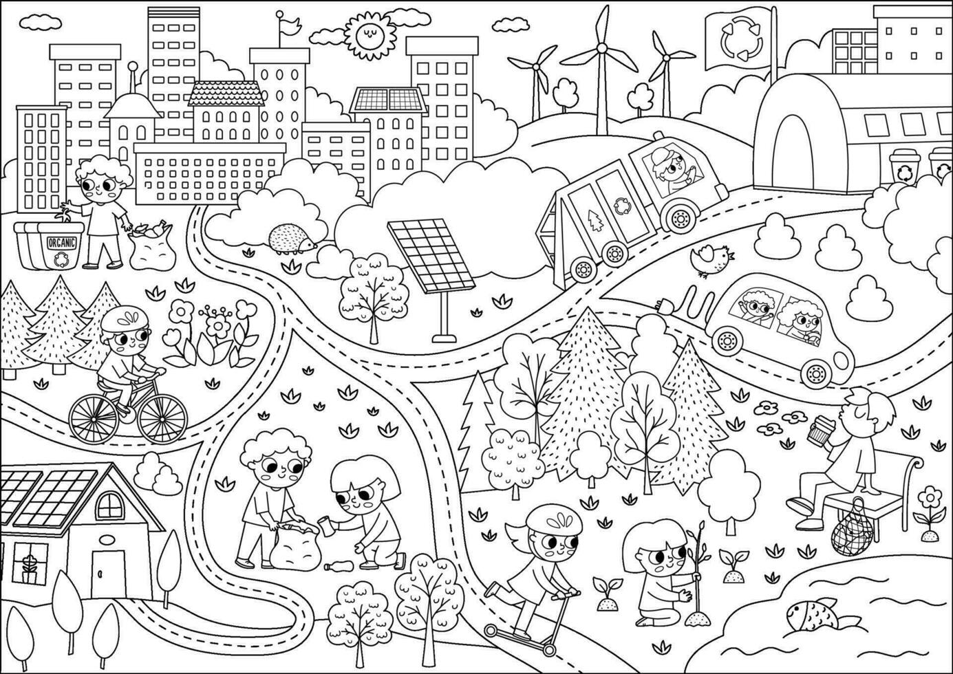 Vector black and white eco city scene. Ecological town line landscape with alternative transport, energy concept. Green city illustration with children caring of environment. Earth day coloring page