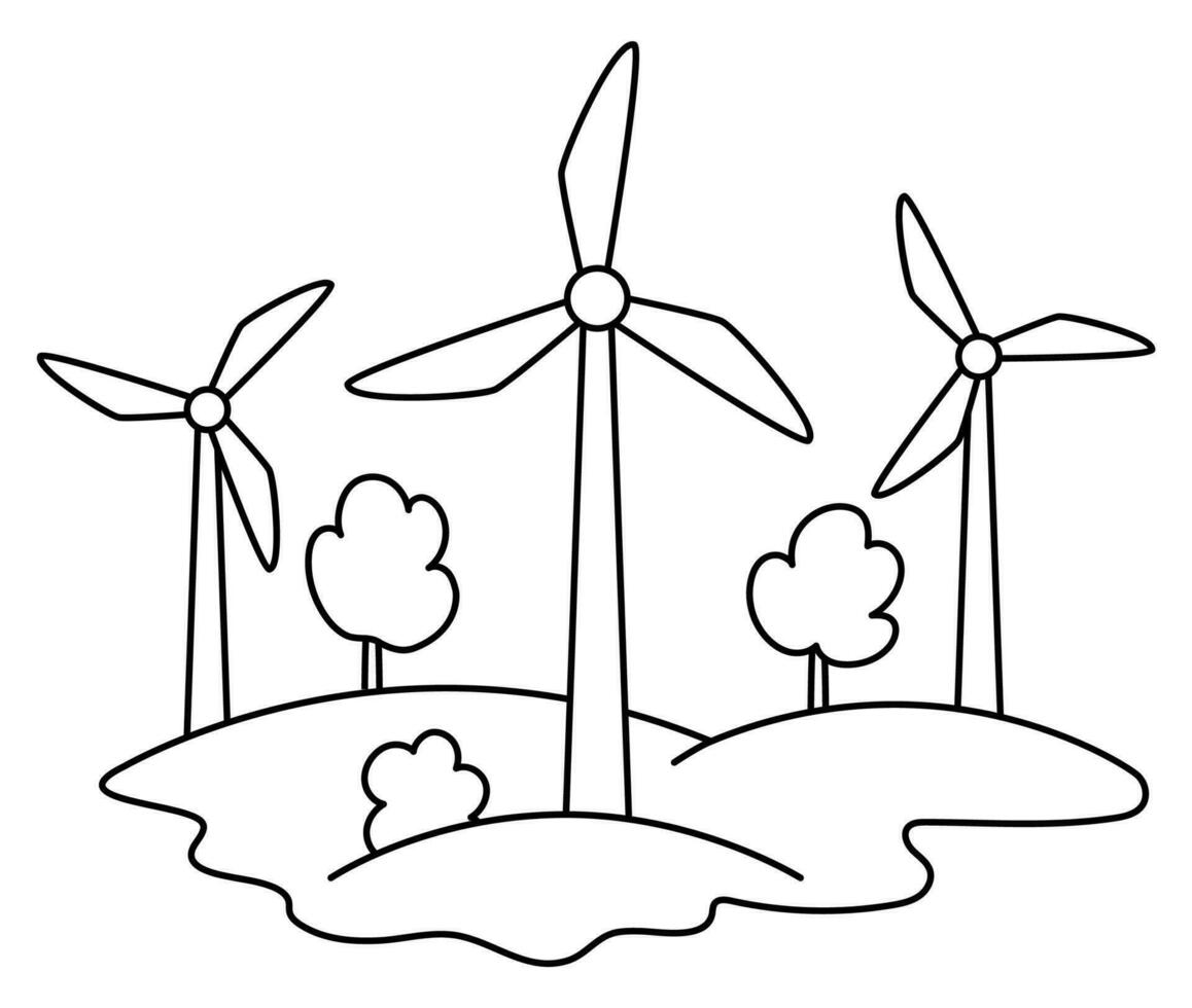 Vector black and white wind generator or turbine icon. Alternative energy source line illustration. Environment friendly concept. Ecological electricity equipment coloring page