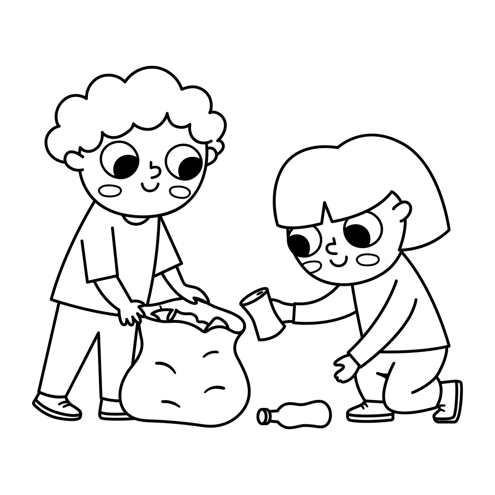 Cute black and white eco friendly kids collecting waste. Boy, girl