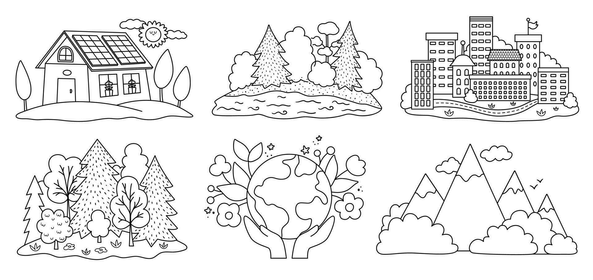 Vector black and white ecological nature set. Environment friendly line concept with forest, mountain, river landscape. Eco city and house illustration. Earth day coloring page, outdoor scenes