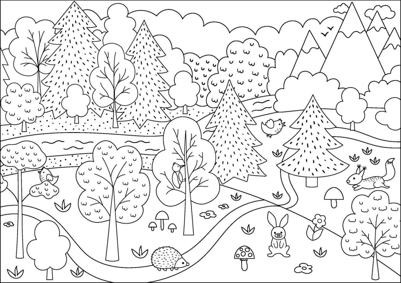 Vector black and white wild forest scene with trees, mountains, animals, birds. Spring or summer line woodland scenery with flowers, plants, mushrooms. Wild nature landscape or coloring page
