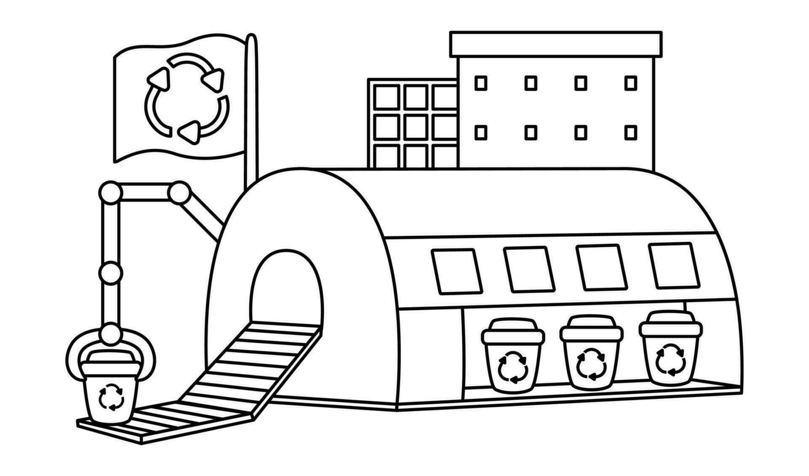 Vector black and white waste recycling plant icon. Garbage sorting factory line illustration. Trash recycle illustration. Cute earth day landscape, scene or coloring page