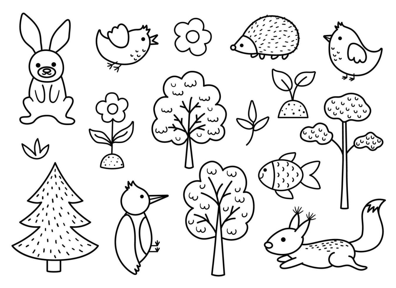 Vector black and white forest set with plants, trees, animals, birds. Woodland coloring page for kids. Cute nature outline collection. Garden icons pack with squirrel, woodpecker, hare, hedgehog