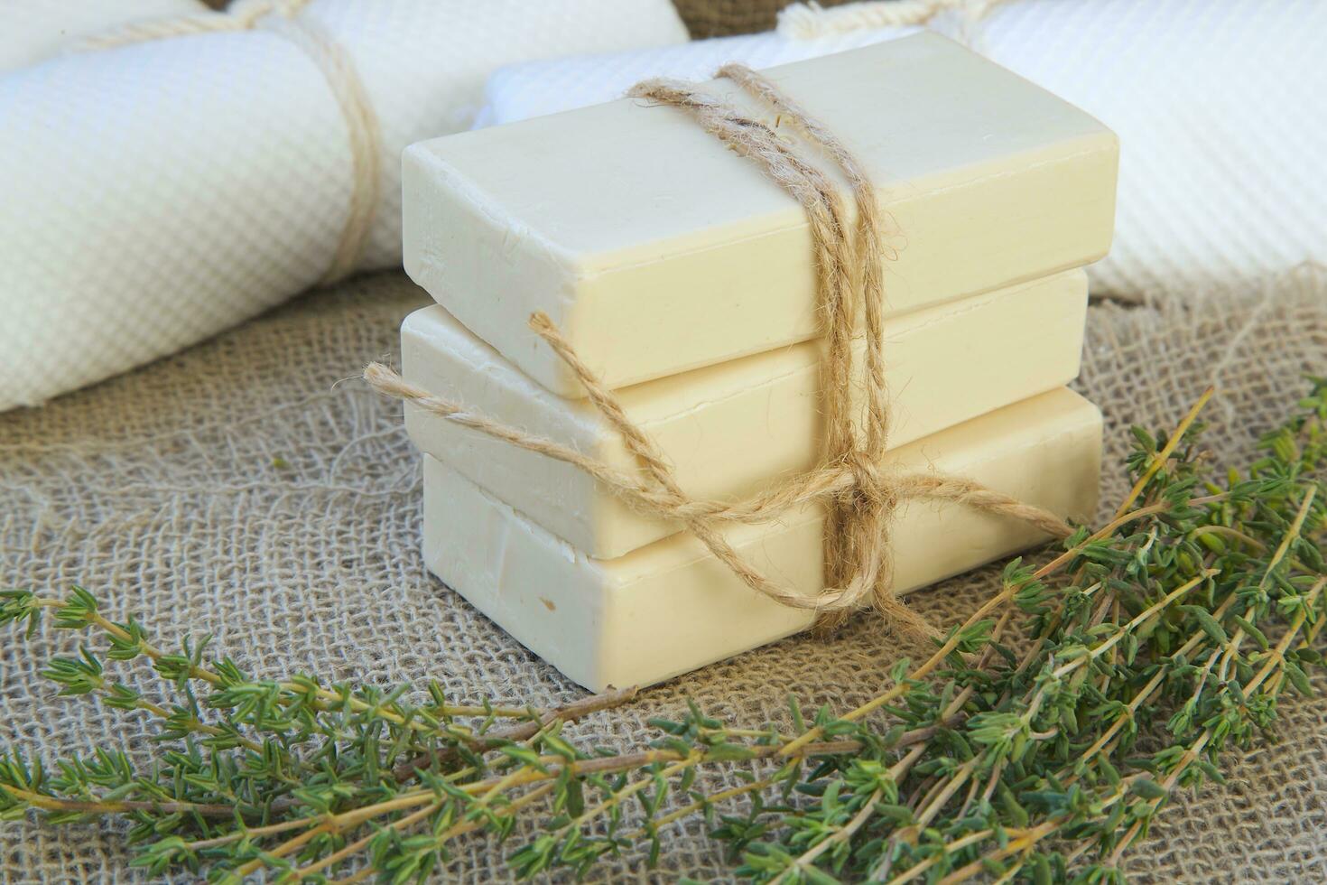 Soap bars with thyme essential oil photo