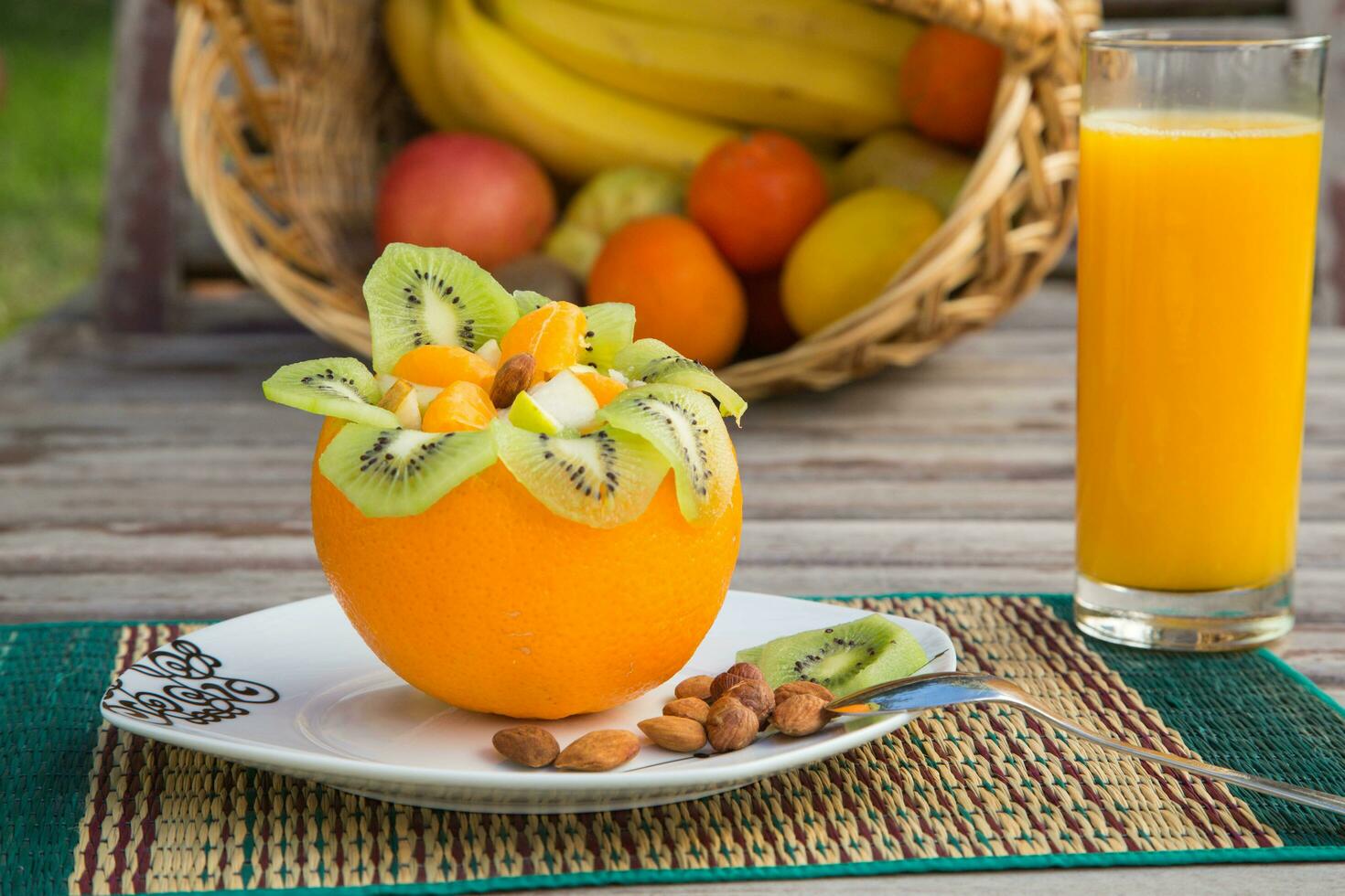 Fruit salad in the orange skin photo