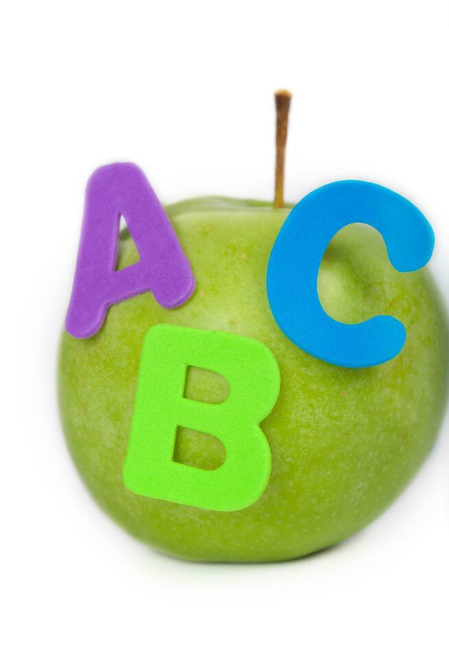 Apple and A,B,C letters attached to it. Closeup photo