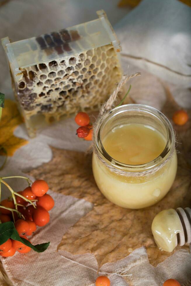 Rowan berries, glass with honey and honeycomb on a sackcloth. . photo