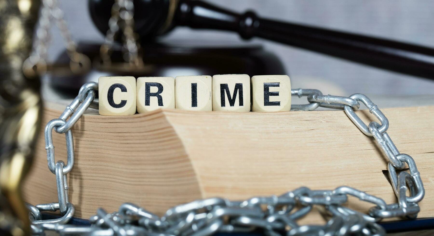 Word CRIME composed of wooden letters. Closeup photo