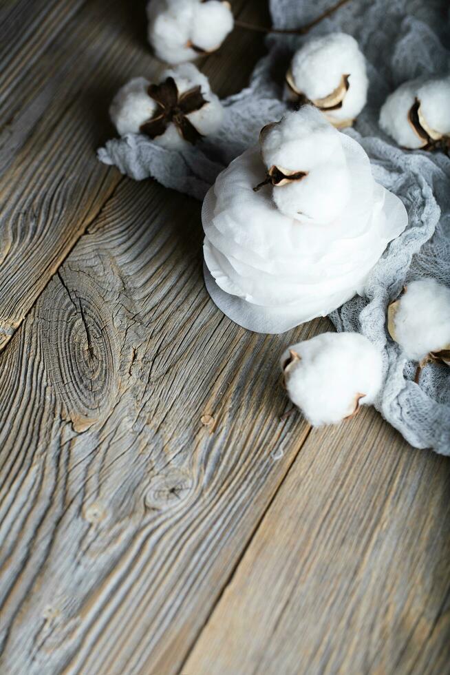 Pile of nursing pad and cotton plant bools in the background. photo