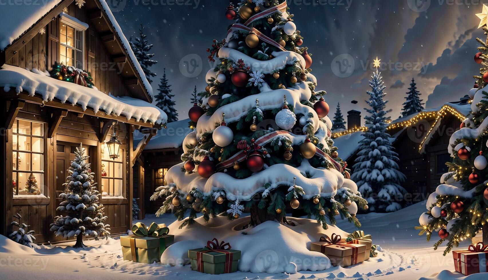 Outdoor Christmas Decorations and a Beautifully Decorated Christmas Tree photo