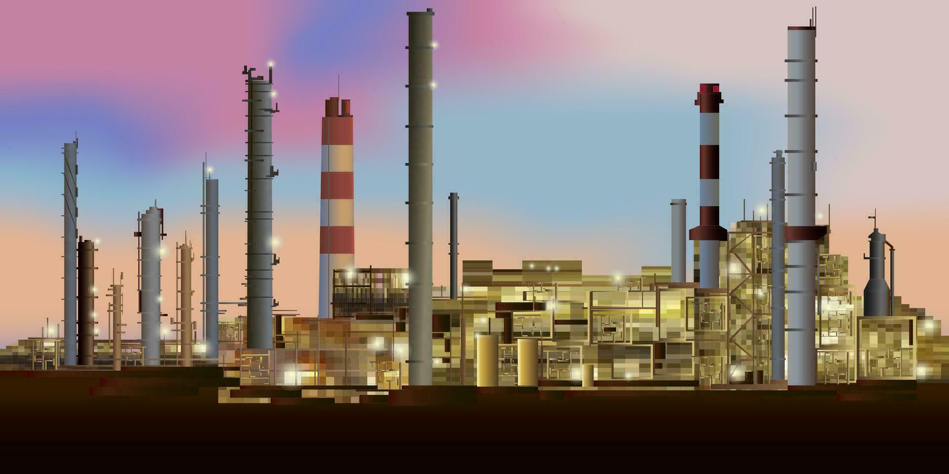 Evening industrial plant. Evening factory. Evening at the processing plant. Industrial complex. Vector illustration