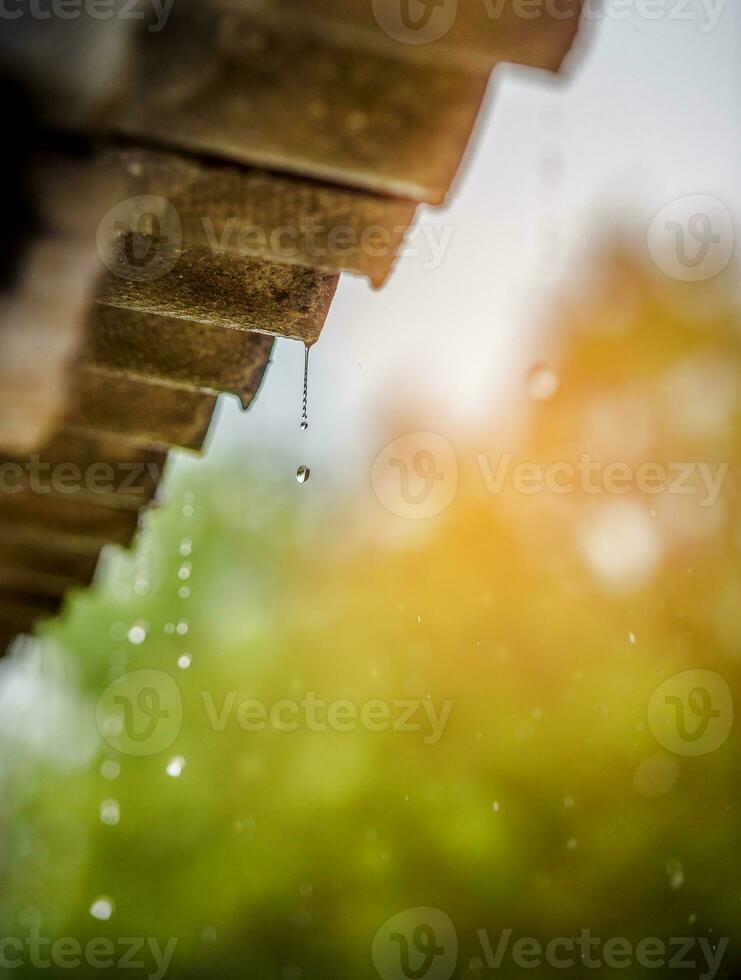 rain flows down from a roof down photo