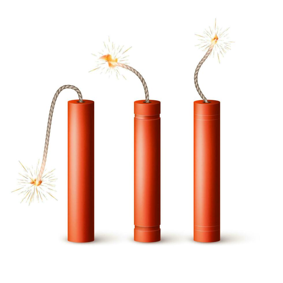 Red Realistic Dynamite Bomb. Military Detonate Weapon. Vector illustration isolated on white